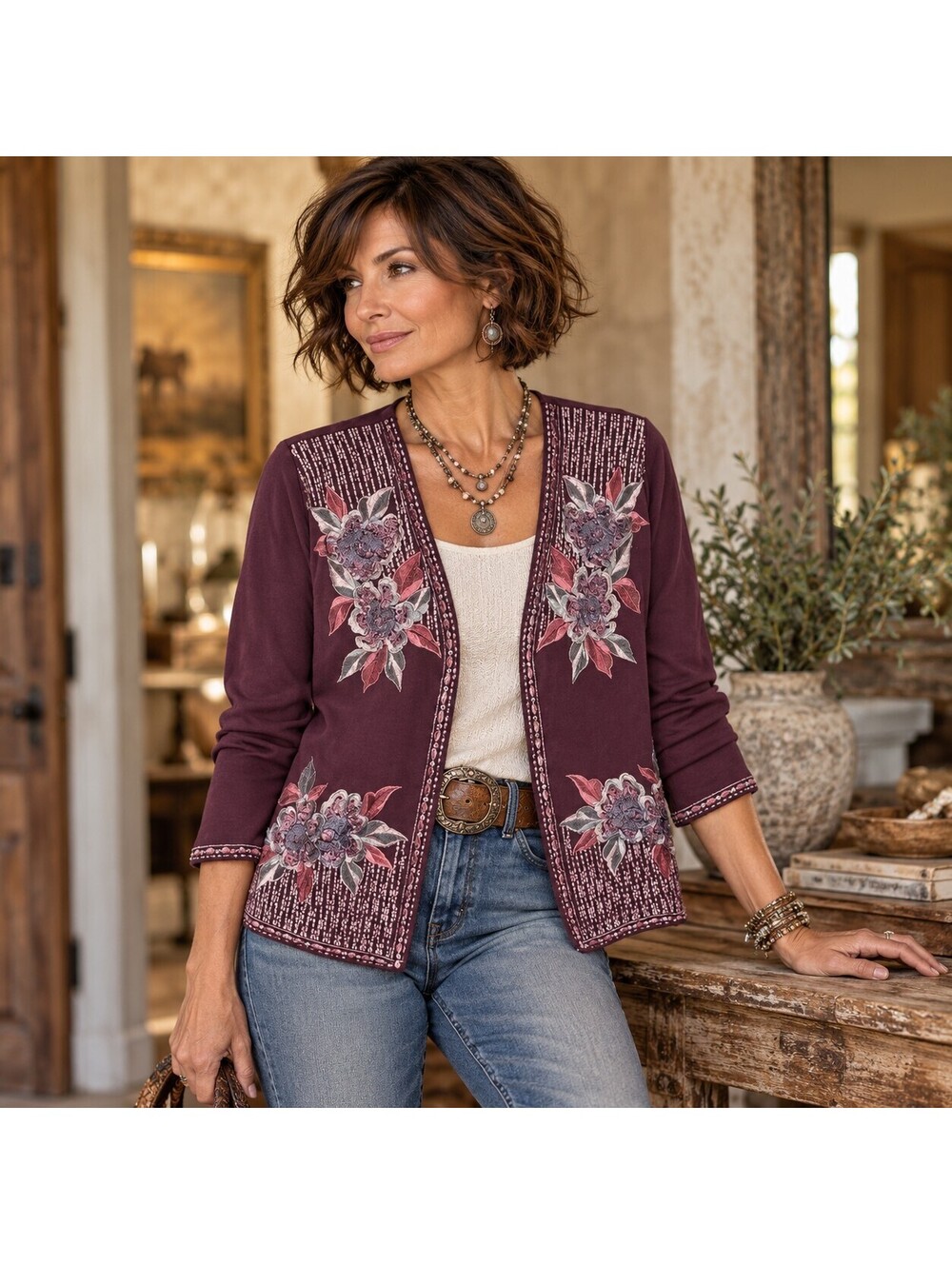 NWT Soft Surroundings Playa Embroidered Jacket Berry Purple Sz Small Elevated